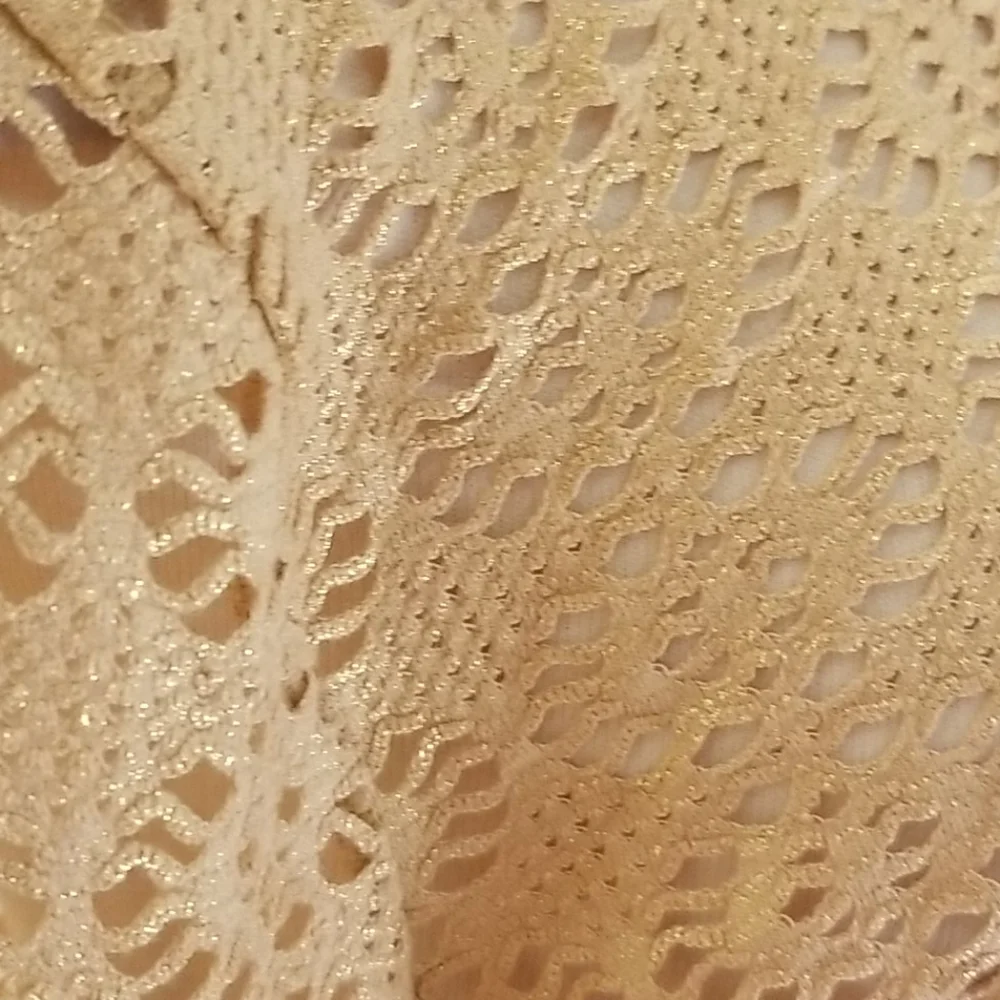Free People Beach Metallic Gold Lurex Long Sleeve Cut Out Crochet Crop Top Sz L